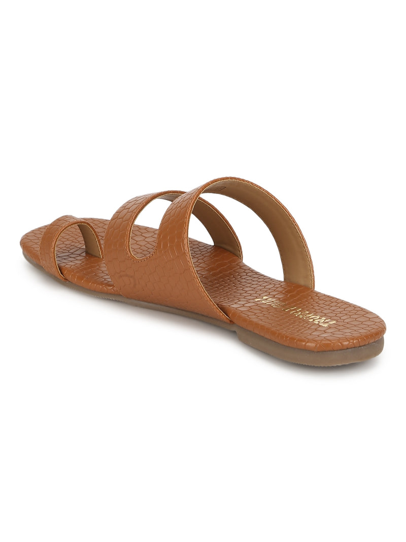 Tan Croc PU Flat Slip On Sandals