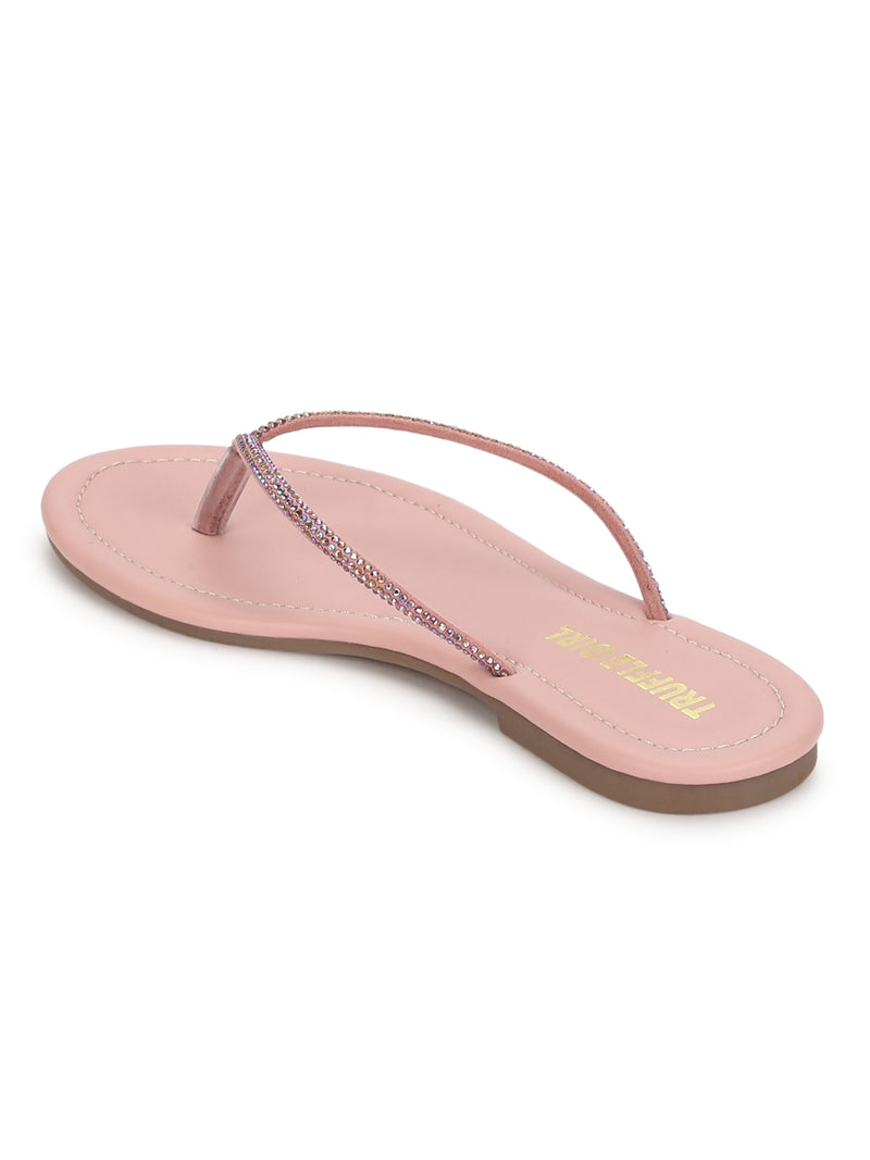 Embellished Nude PU Slip on Flat Sandals