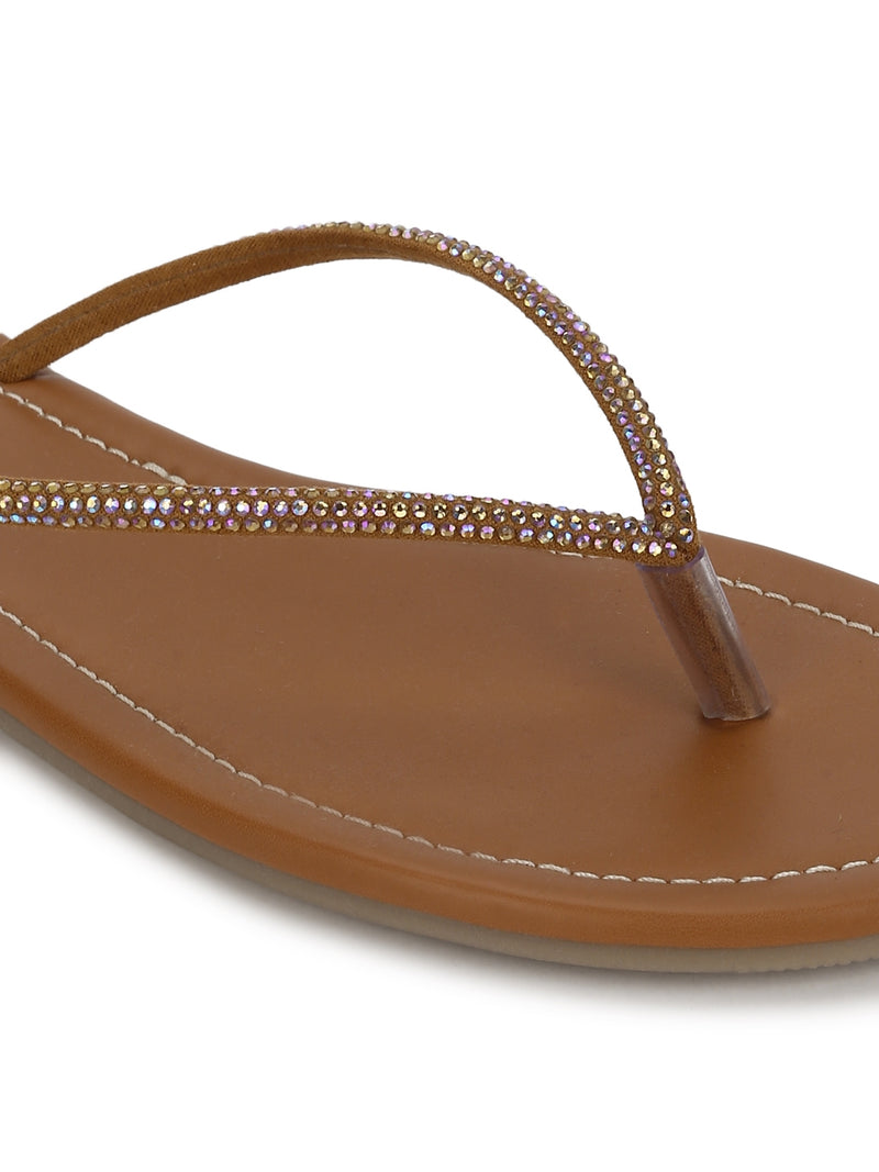 Embellished Tan PU Slip on Flat Sandals