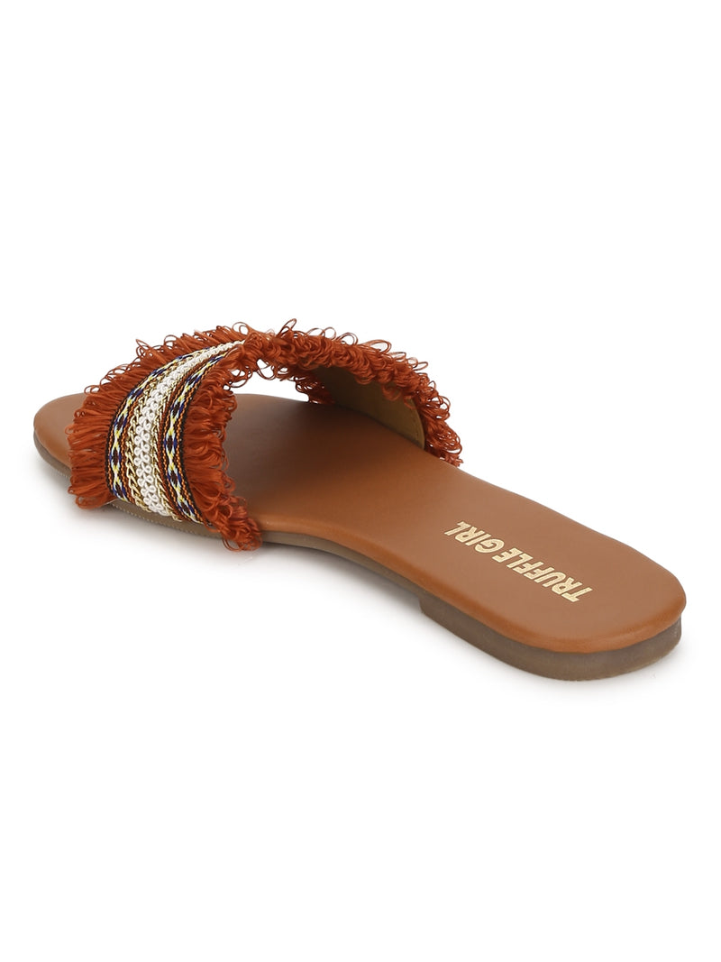 Rust Crochet Frills PU Slide on Flat Sandals