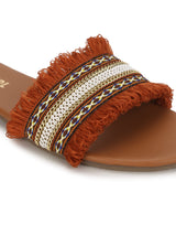 Rust Crochet Frills PU Slide on Flat Sandals