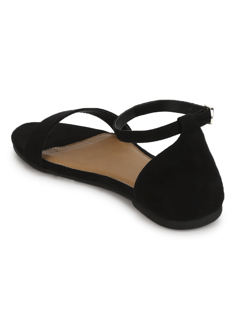 Black Suede Buckled Flat Sandals