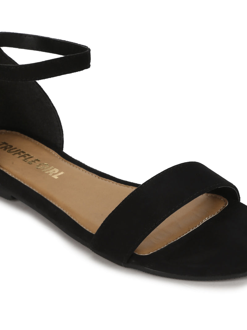 Black Suede Buckled Flat Sandals