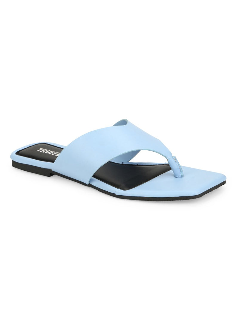 Light Blue PU Square Toe Flip Flop Slippers