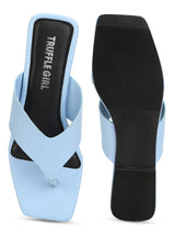 Light Blue PU Square Toe Flip Flop Slippers