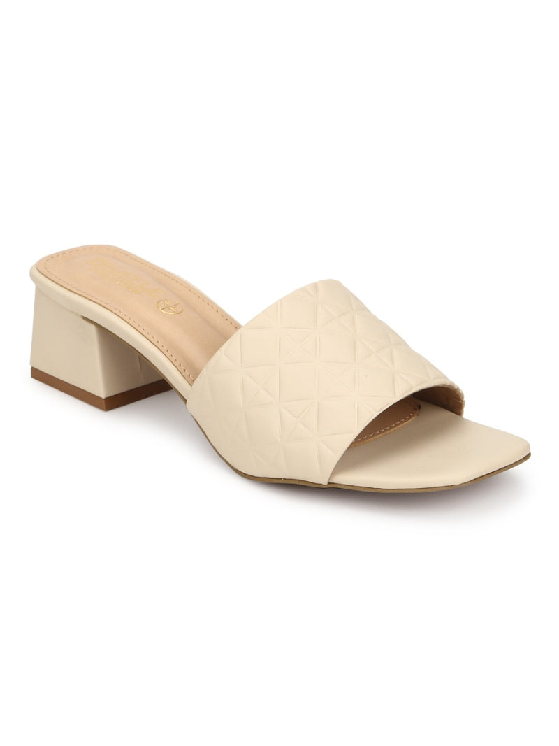 Nude PU Textured Block Heel Mules