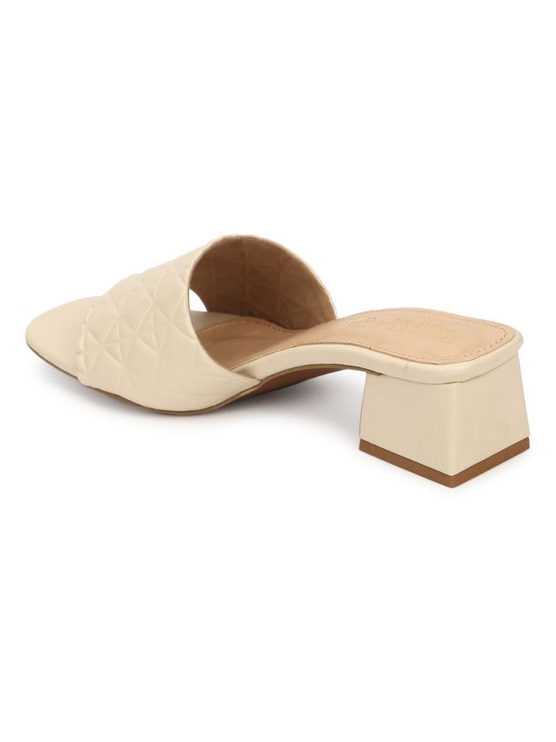 Nude PU Textured Block Heel Mules