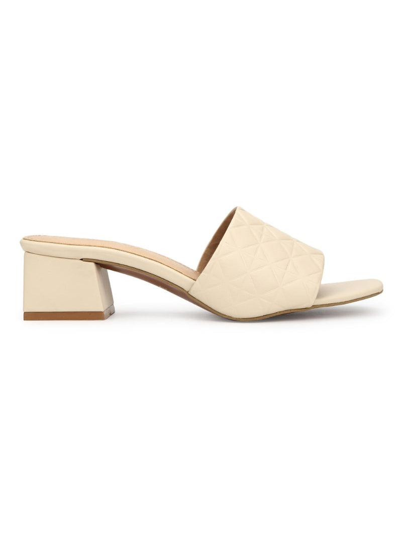 Nude PU Textured Block Heel Mules