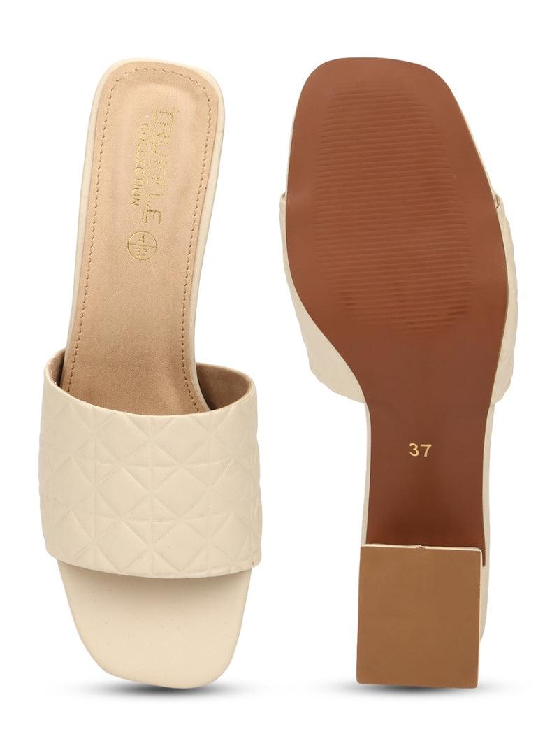 Nude PU Textured Block Heel Mules