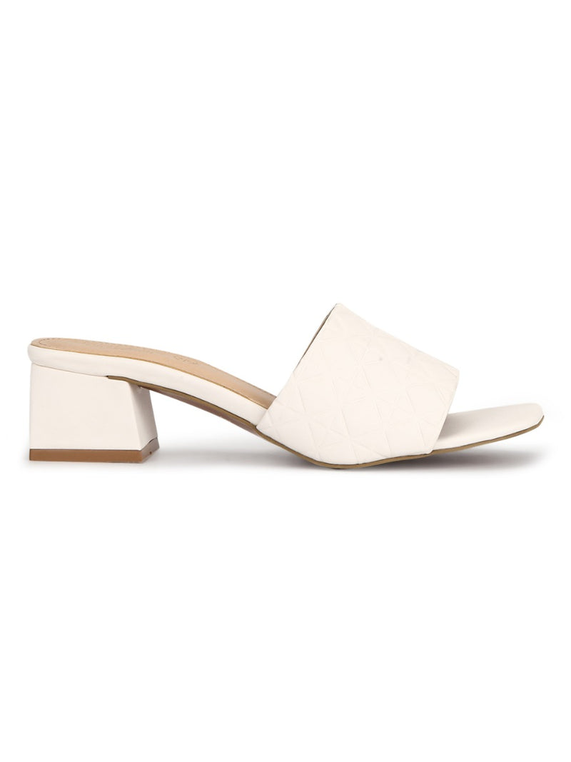 White PU Textured Block Heel Mules