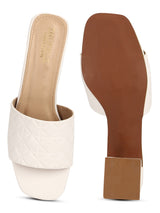 White PU Textured Block Heel Mules