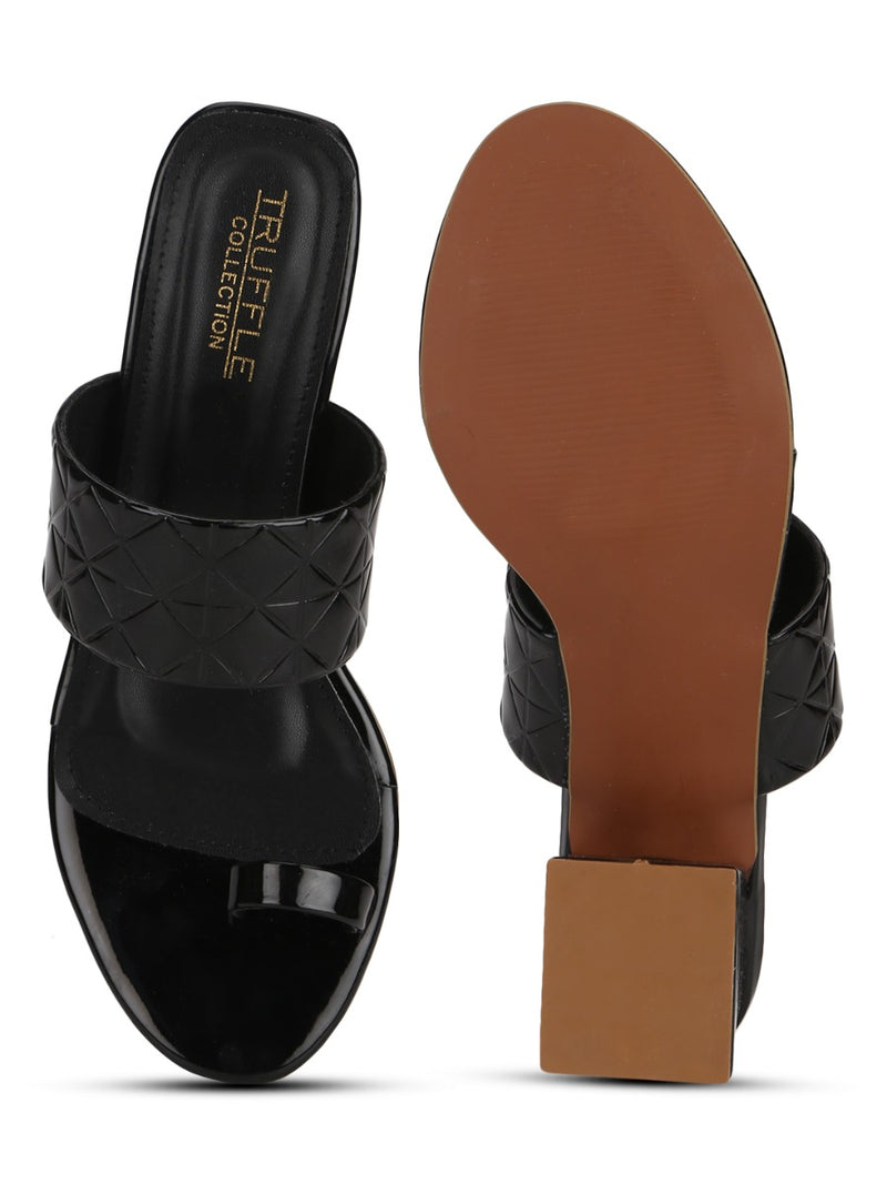 Black Patent Textured Slip On Sandals