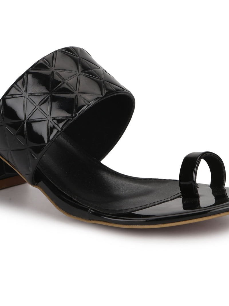 Black Patent Textured Slip On Sandals