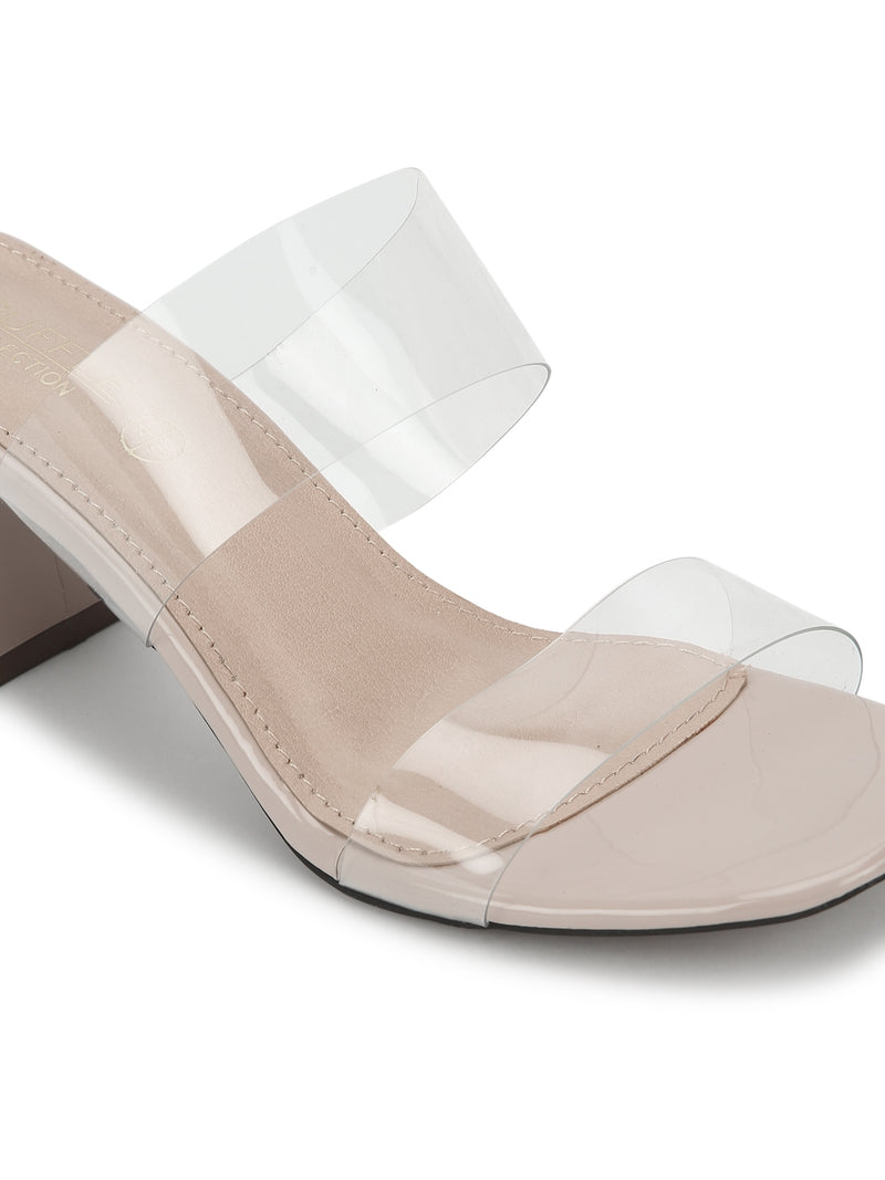 Nude Patent Slip On Mules With Clear Straps