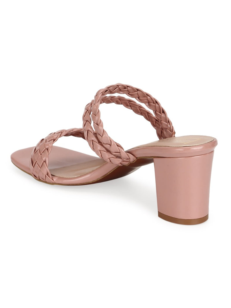 Pink Patent Braided Block Heel Mules