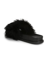 Black Fur Studded Slip-on Flats