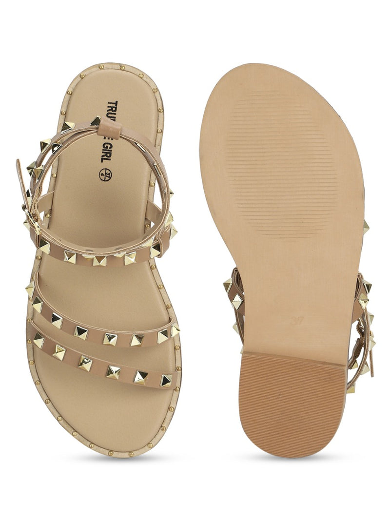 Beige PU Studded Flat Sandals