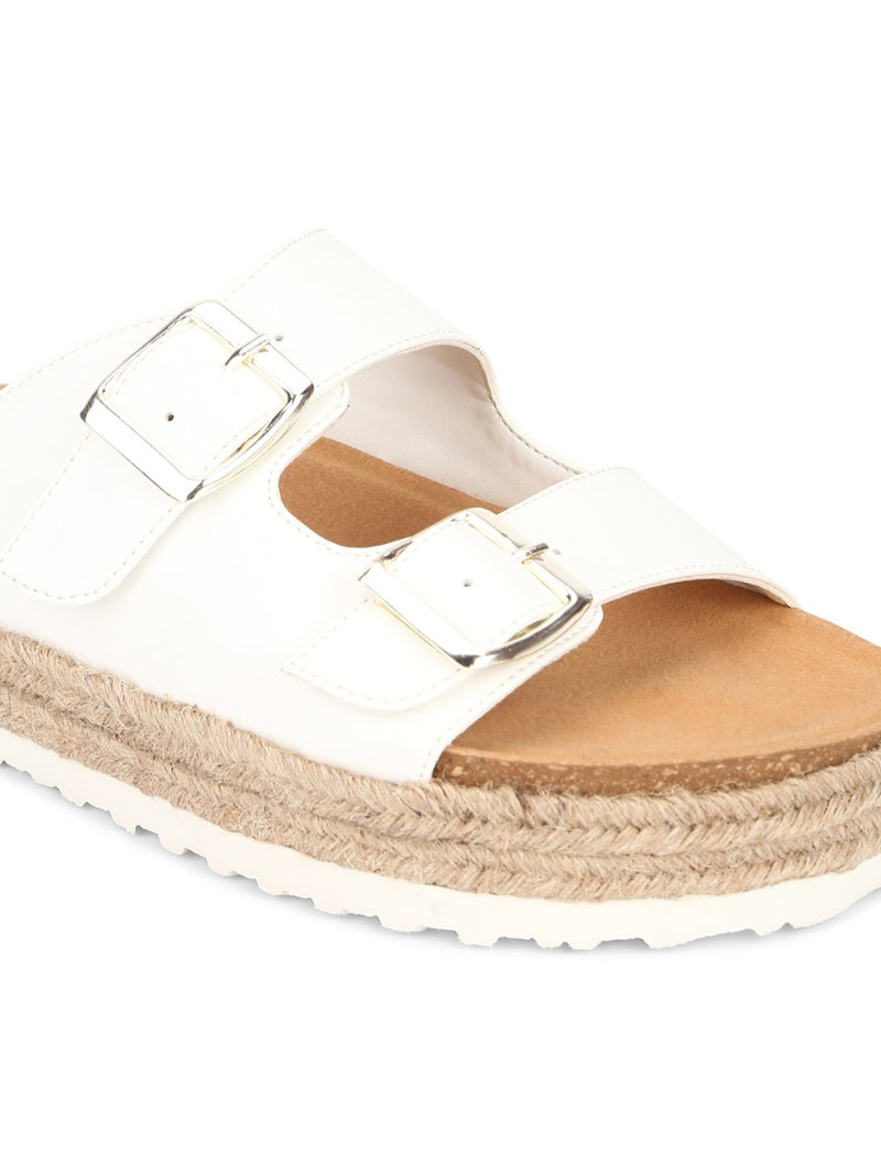 White PU Side Buckle Wedges Espadrilles Sandals