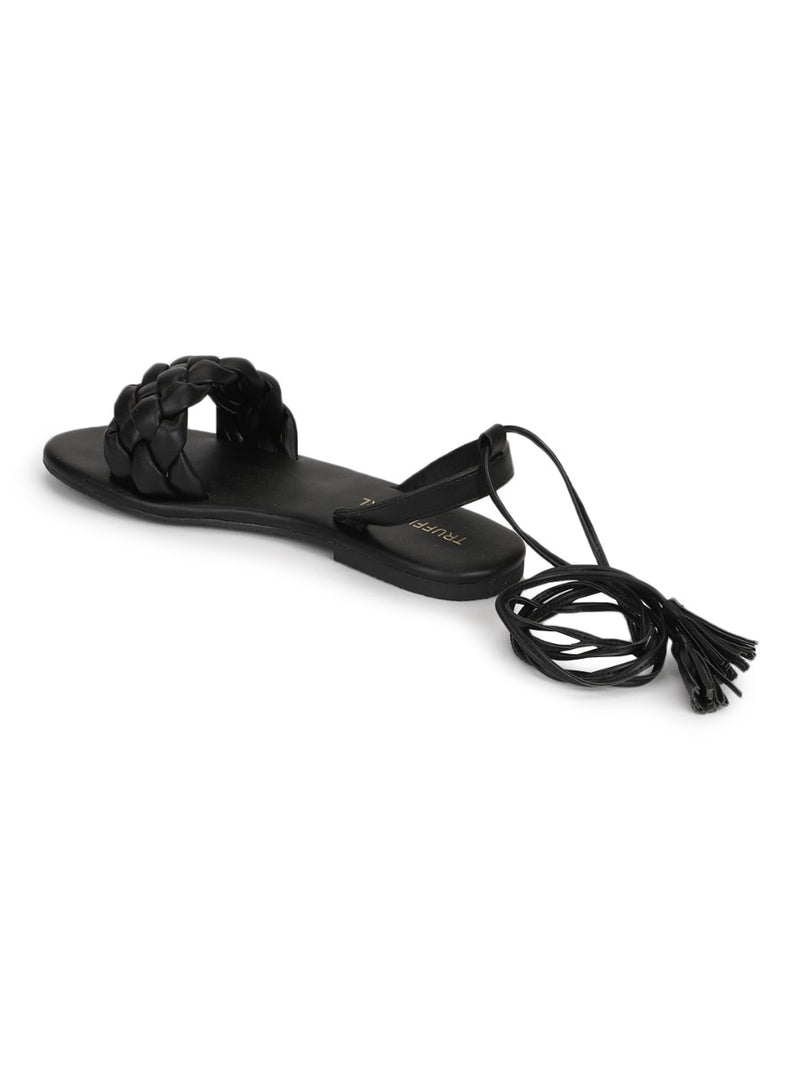 Black PU Lace up Flat Sandals