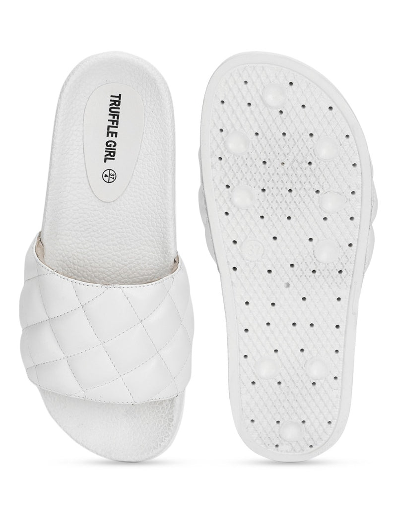 White PU Crisscross Quilted Slip Ons