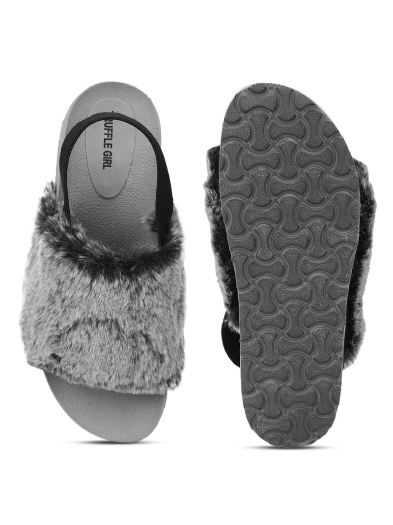 Grey Faux Fur Slip Ons With Back Strap