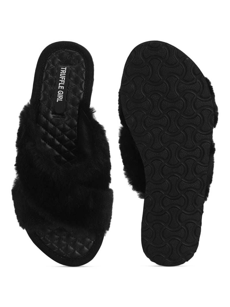 Black Fuzzy Fur Slippers