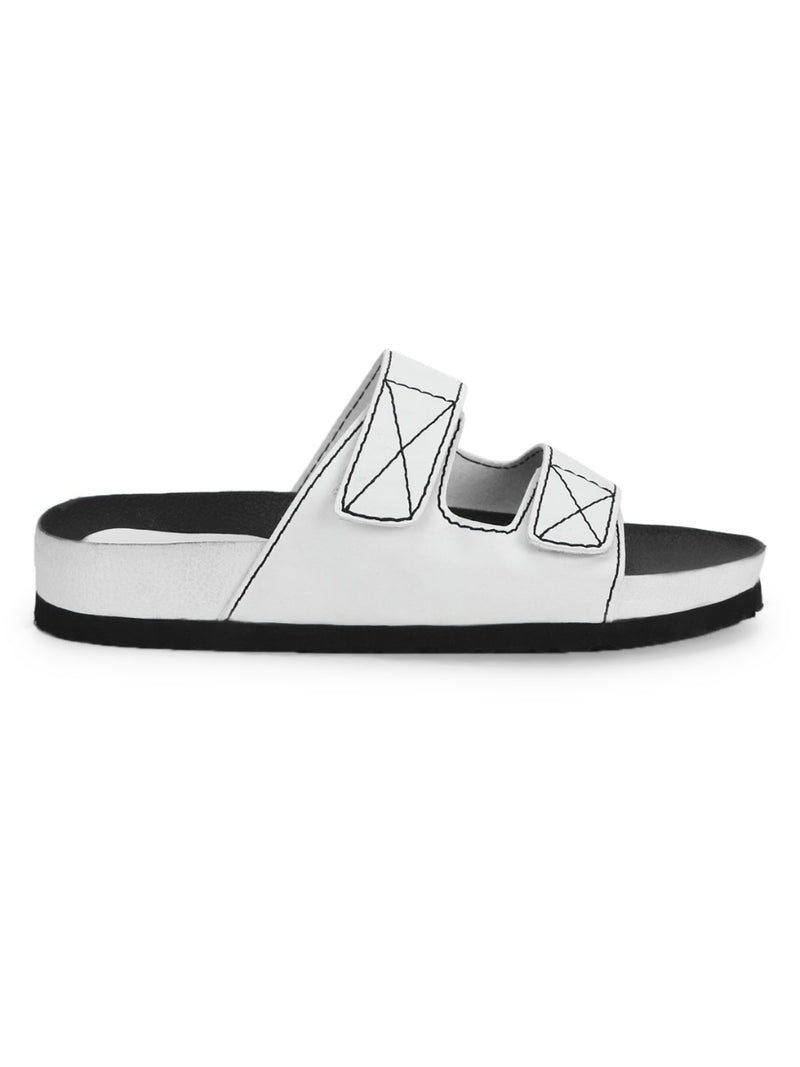 White PU Slips Ons With Front Straps