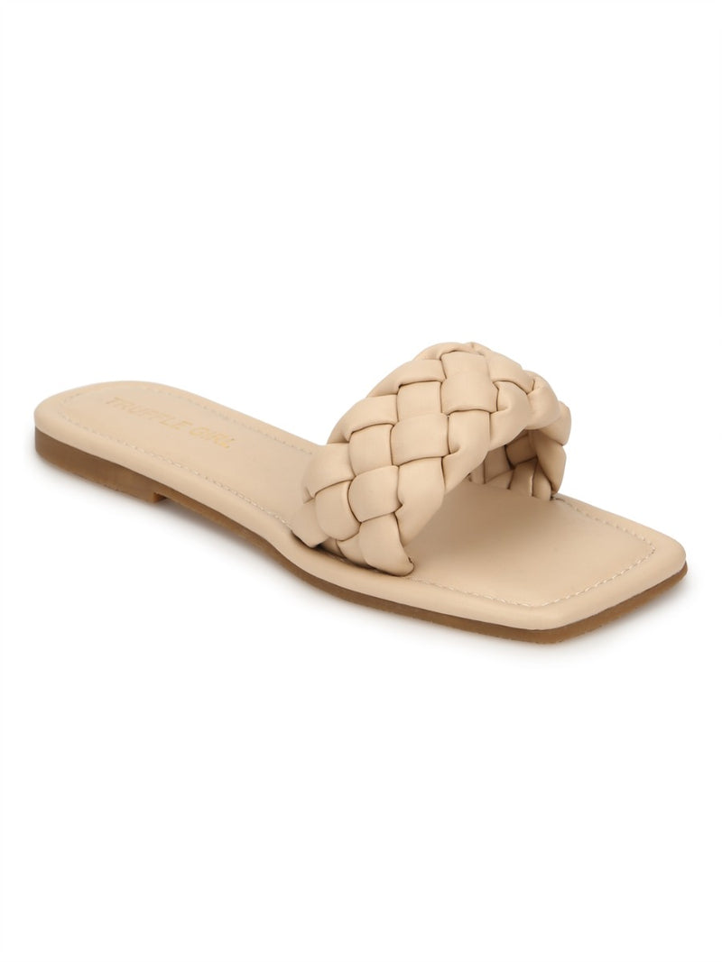 Nude PU Quilted Strap Slip Ons
