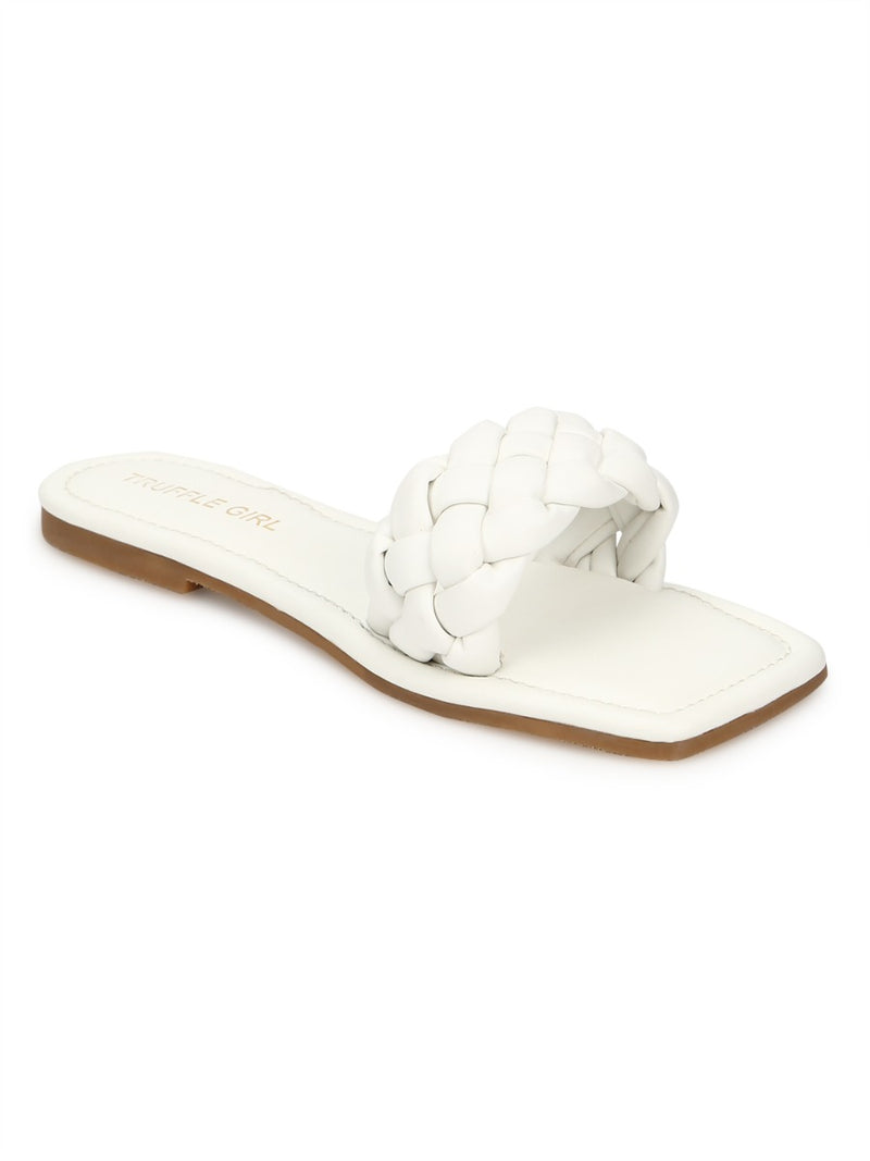 White PU Quilted Strap Slip Ons