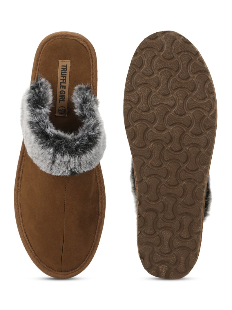 Tan Micro Fuzzy Slippers With Faux Fur
