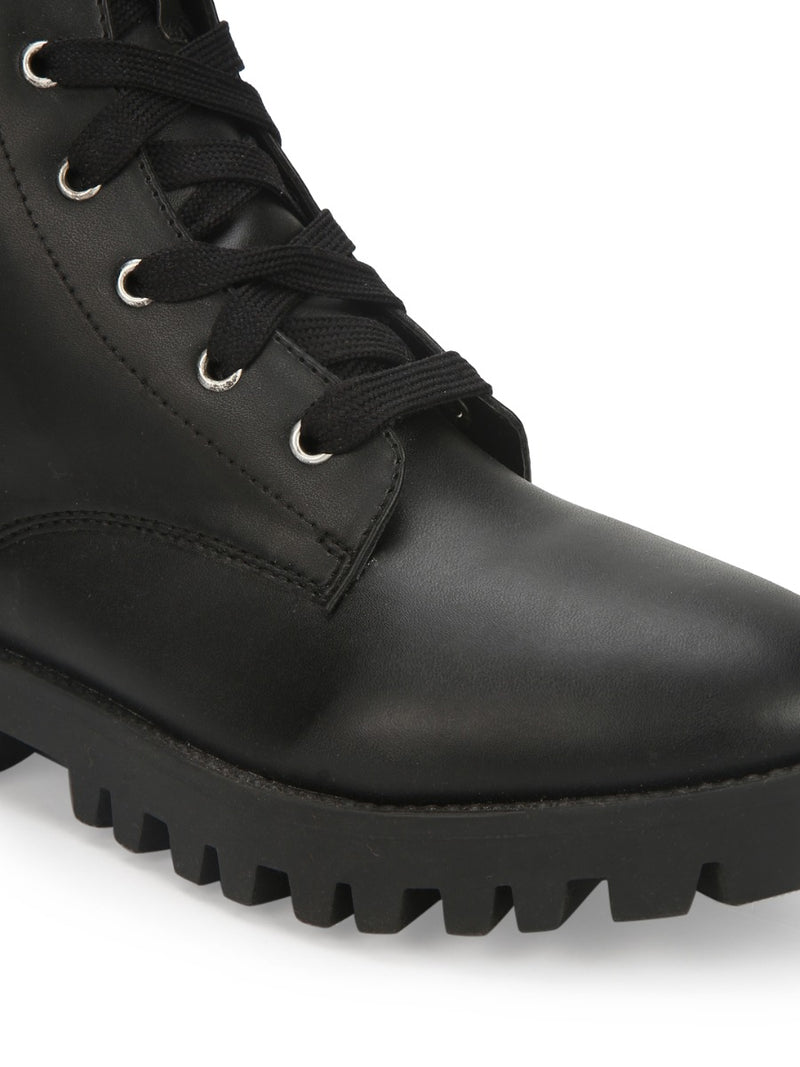 Black PU Lace Up Combat Ankle Boots