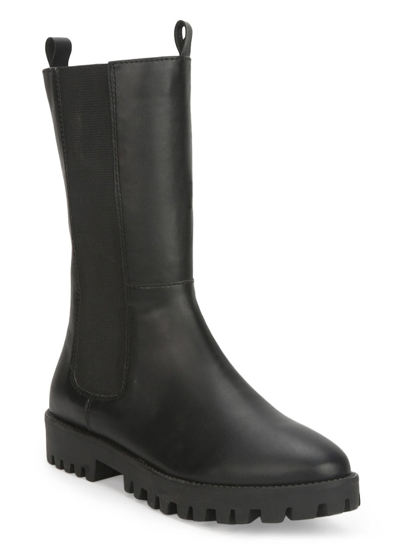 Black PU Slide On Calf Length Boots