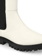 White PU Slide On Calf Length Boots