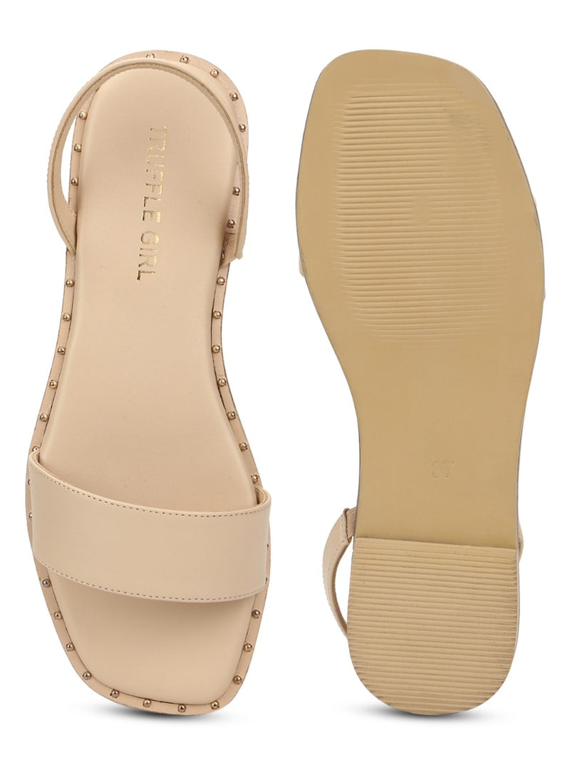 Nude PU Flat Sandals With Back Strap