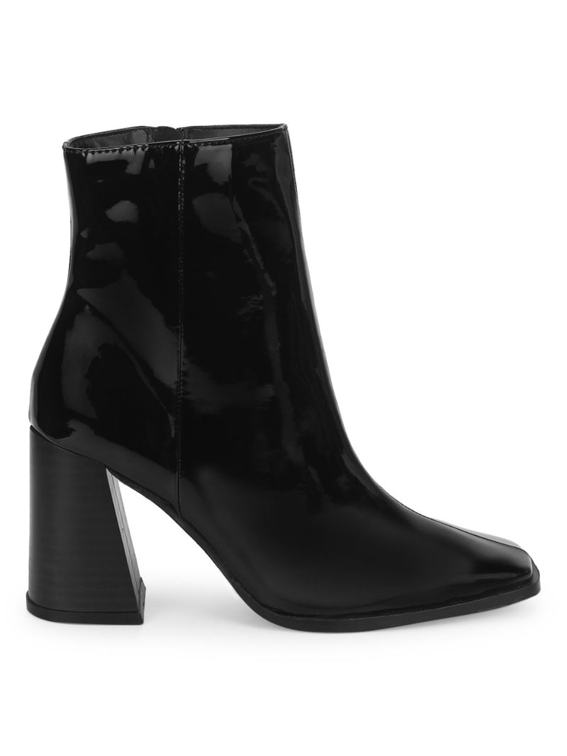 Black Patent Zip Up Square Toe Ankle Boots