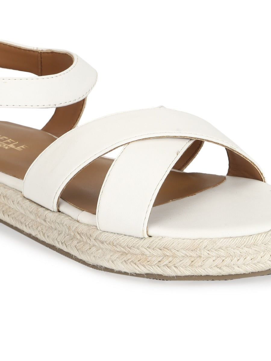 White PU Criss Cross Straps Jute Espadrilles