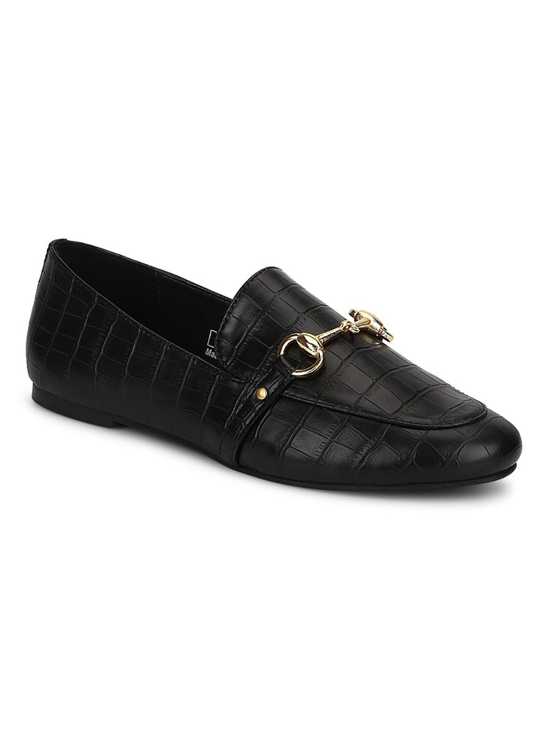 Black Croc PU Loafer Shoes With Gold Chain – Truffle Collection