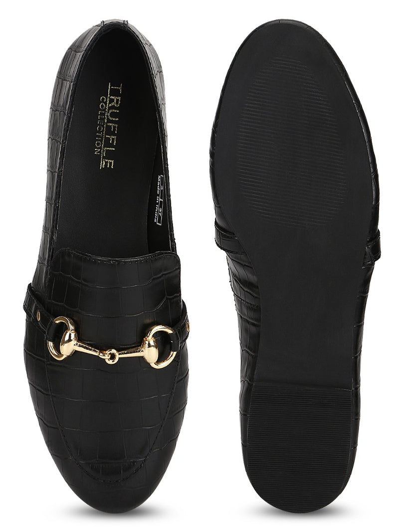 Black Croc PU Loafer Shoes With Gold Chain
