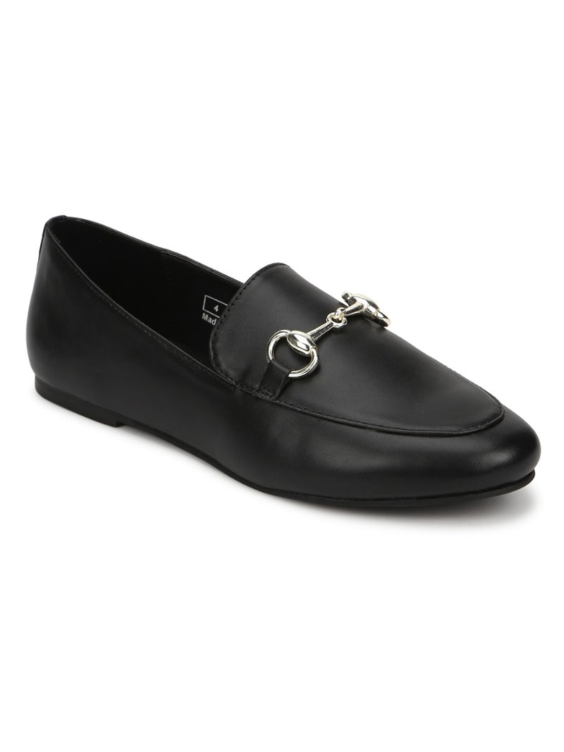 Black PU Loafer Shoes With Gold Chain