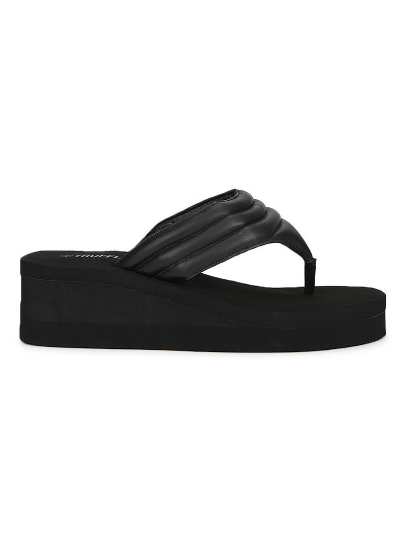 Black PU Wedge Heel Flip Flops