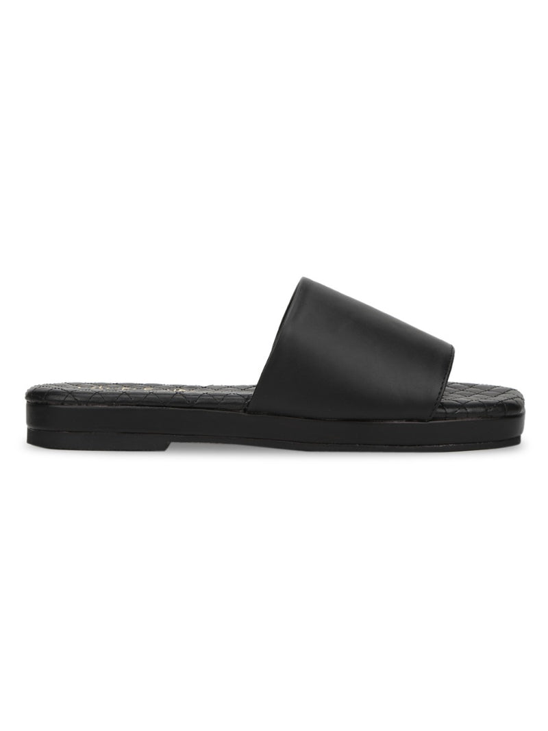 Black PU Quilted Sole Slides