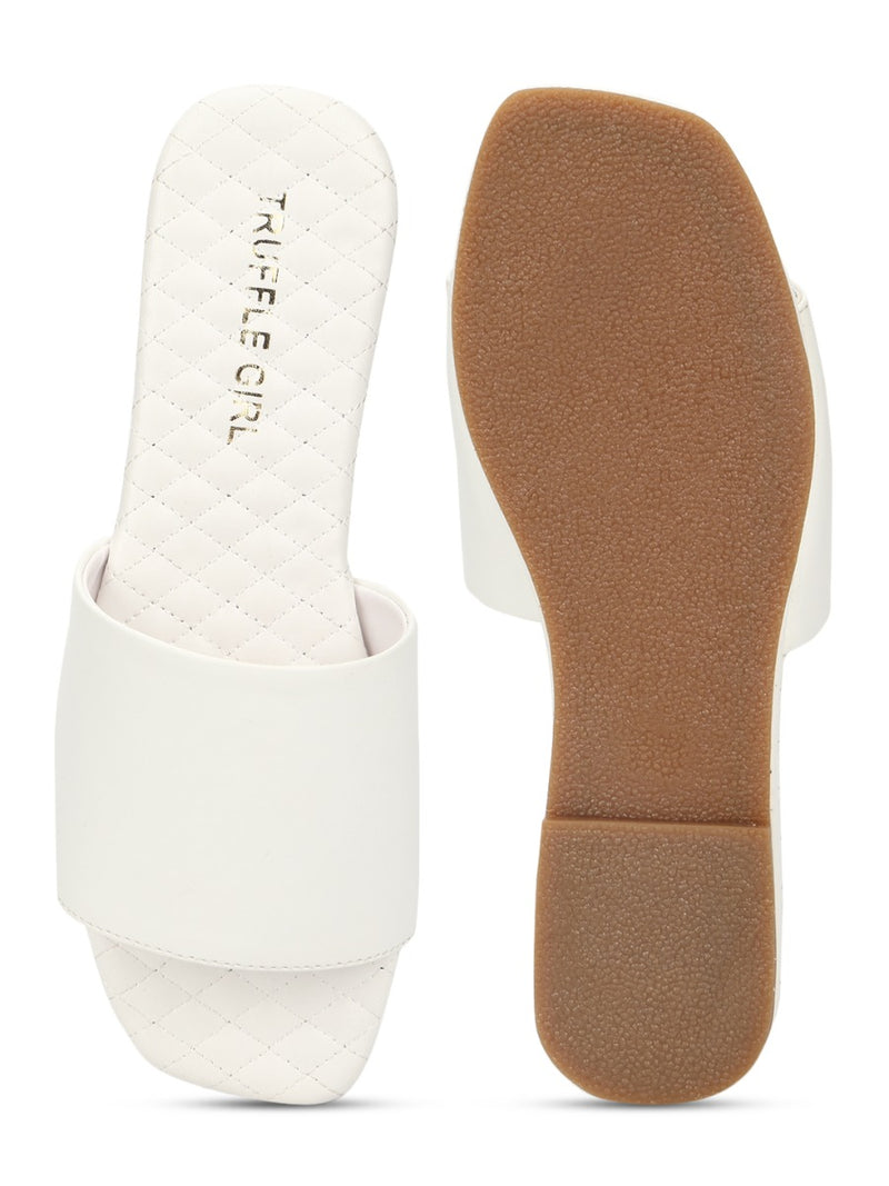White PU Quilted Sole Slides