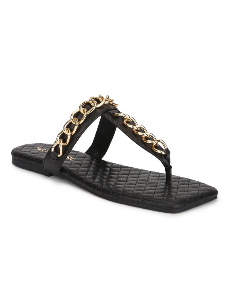 Black PU Flip Flops With Gold Chain