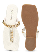 White PU Flip Flops With Gold Chain
