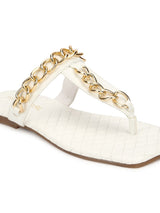 White PU Flip Flops With Gold Chain