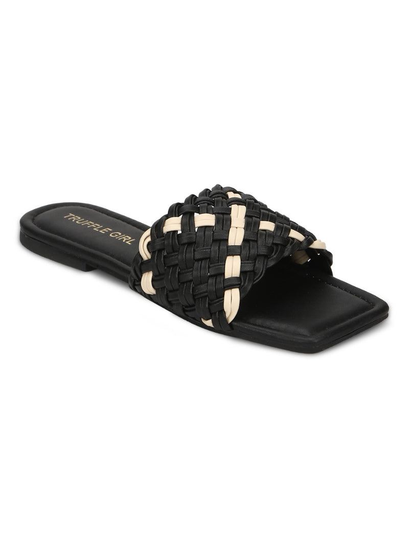 Black PU Slides With Knotted Details