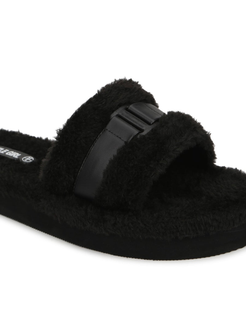 Black Fuzzy Fur Slides