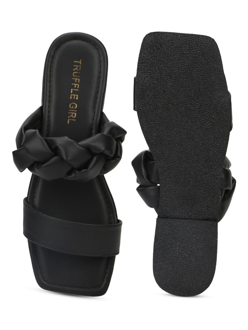 Black PU Slip Ons With Braid Details