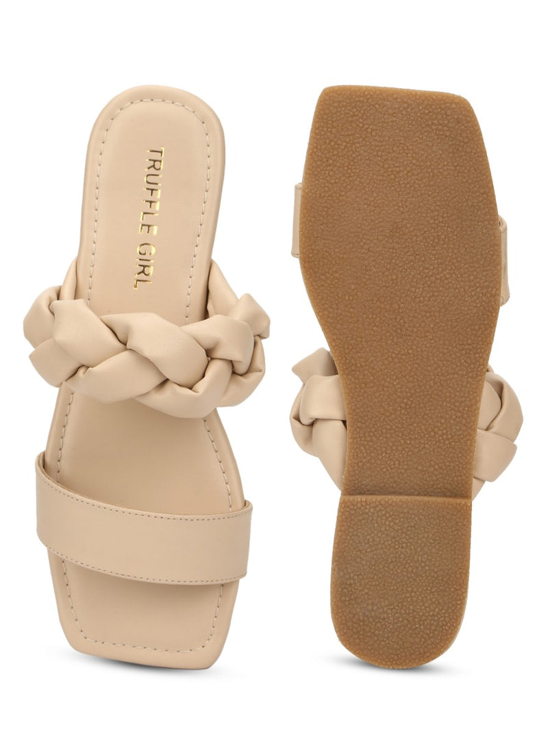Nude PU Slip Ons With Braid Details