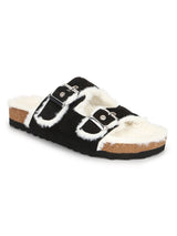 Black Furry Cork Sandals With Buckle